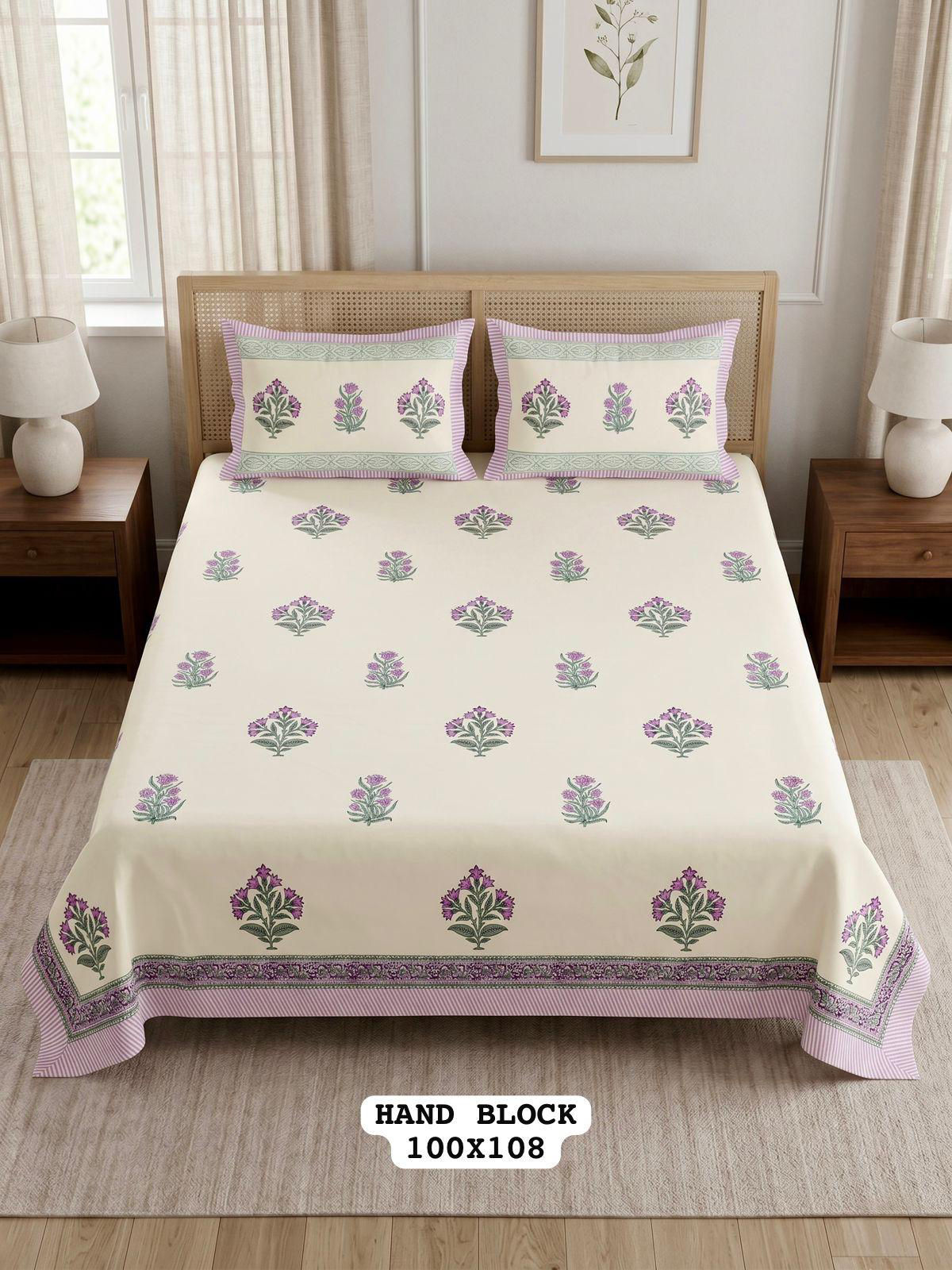 Hand Block King Size Cotton Bedsheet with 2 Zipped Reversable Pillow Cover