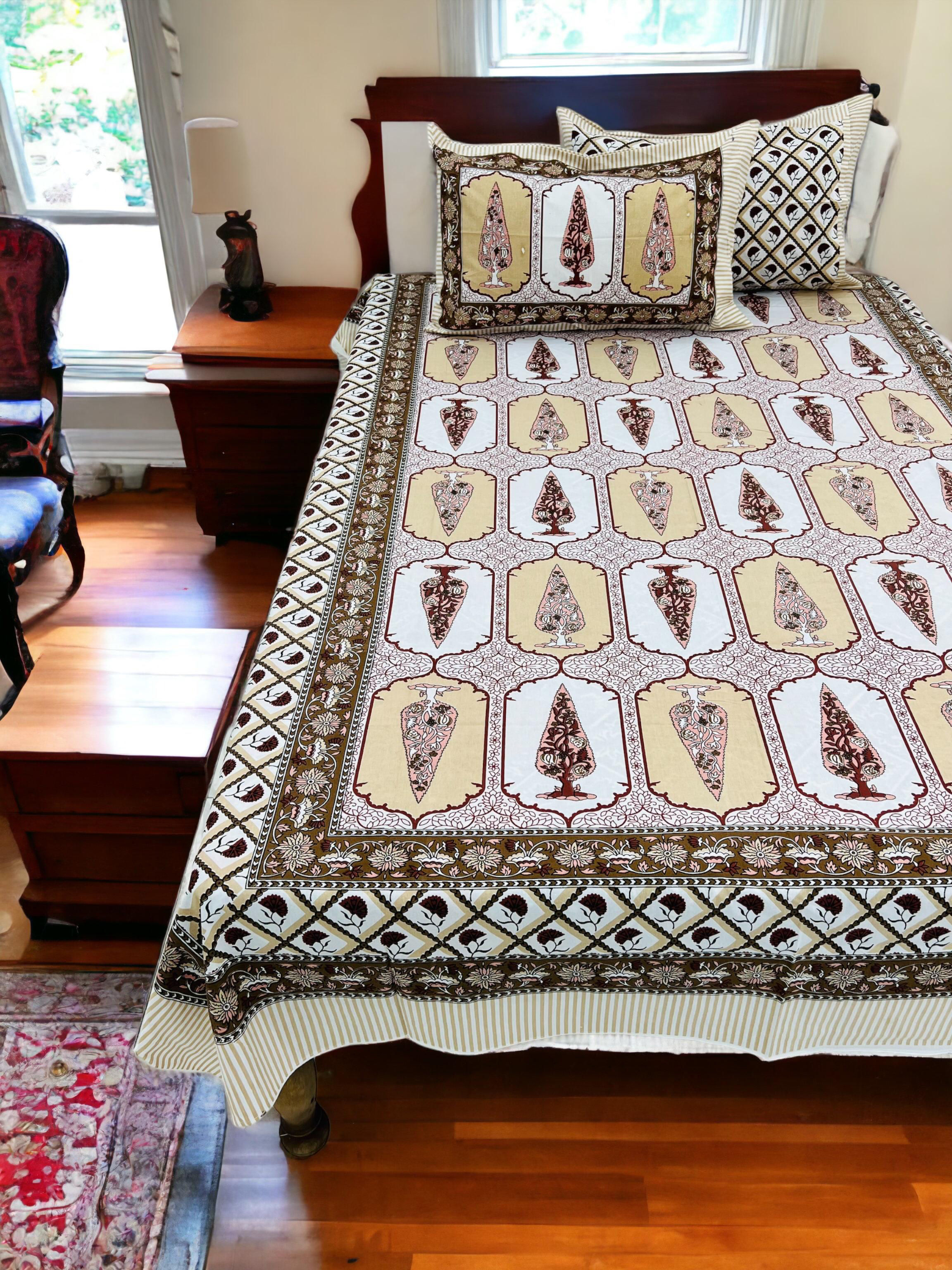 Jaipuri Printed Single Size Medium Bedsheet with 2 Zipped Pillow Cover