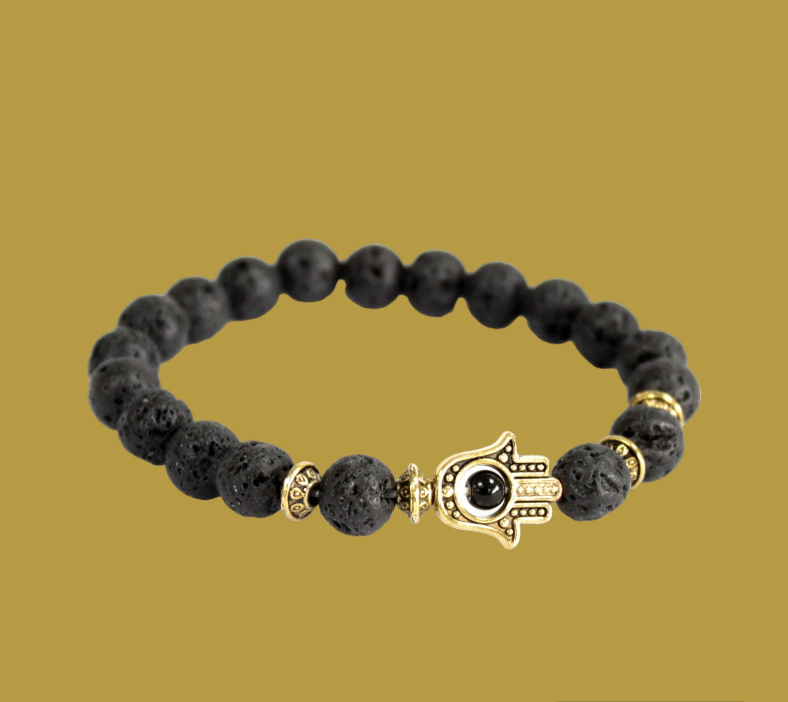 Hamsa Gold & Lava Stone - Gemstone Bracelet