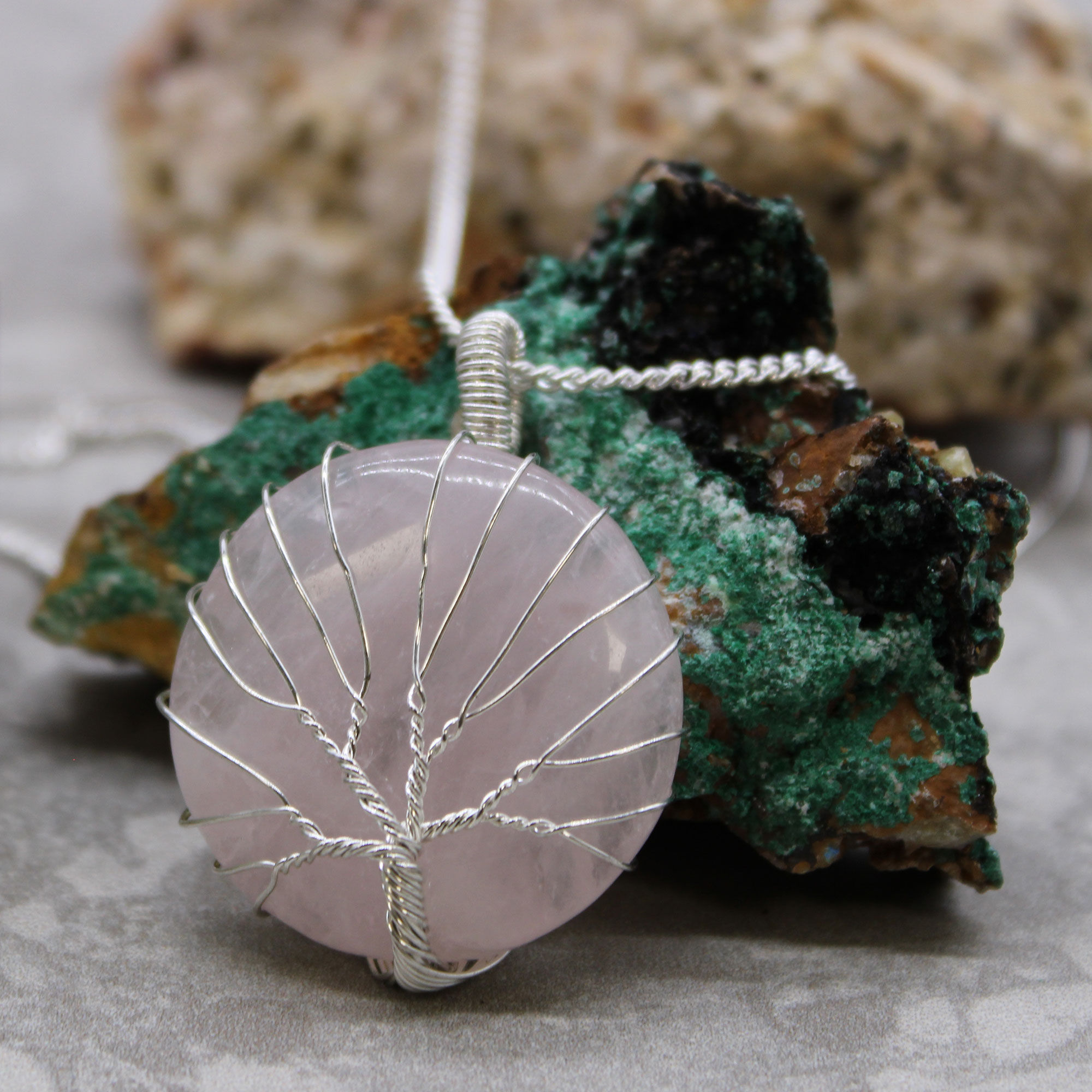 Rose Quartz - Tree of Life - Silver Necklace - 45mm