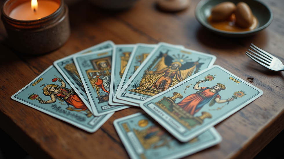 High angle view of tarot cards fanned out on a table