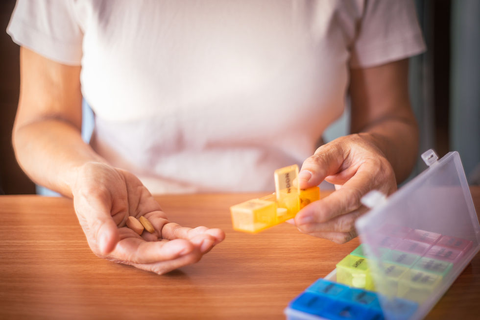 Senior woman's hands taking daily medical pills from an organized weekly pill box Concept