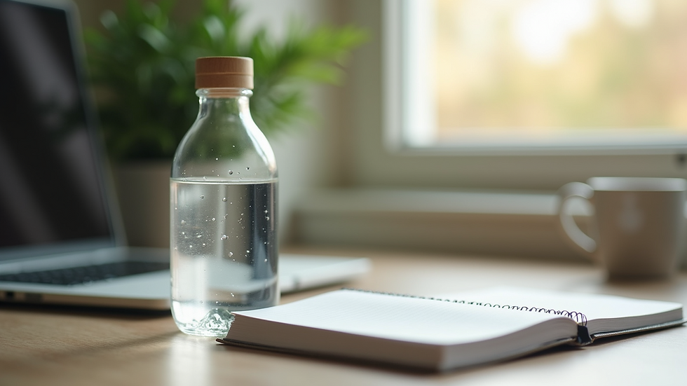 Close-up view of a water bottle and a notebook on a desk with a plant in the background