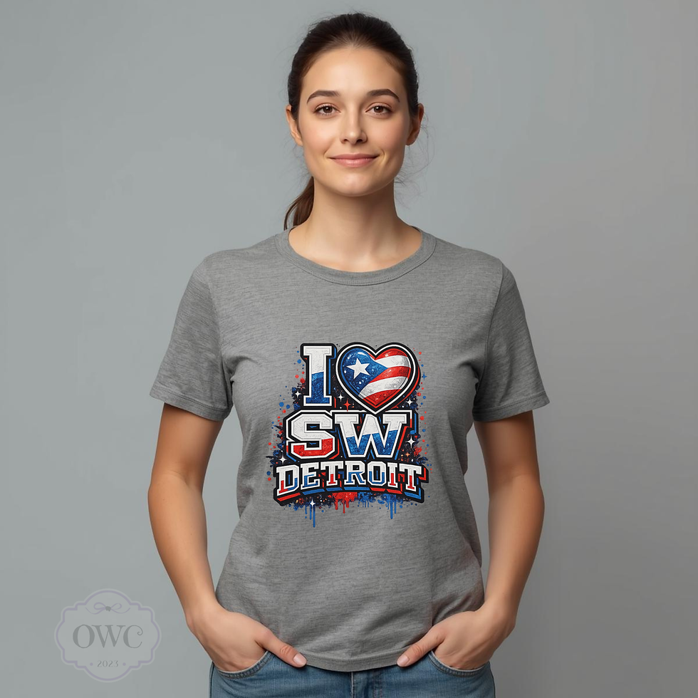I Love SW Detroit apparel design with Puerto Rican flag inspired heart and Southwest Detroit lettering