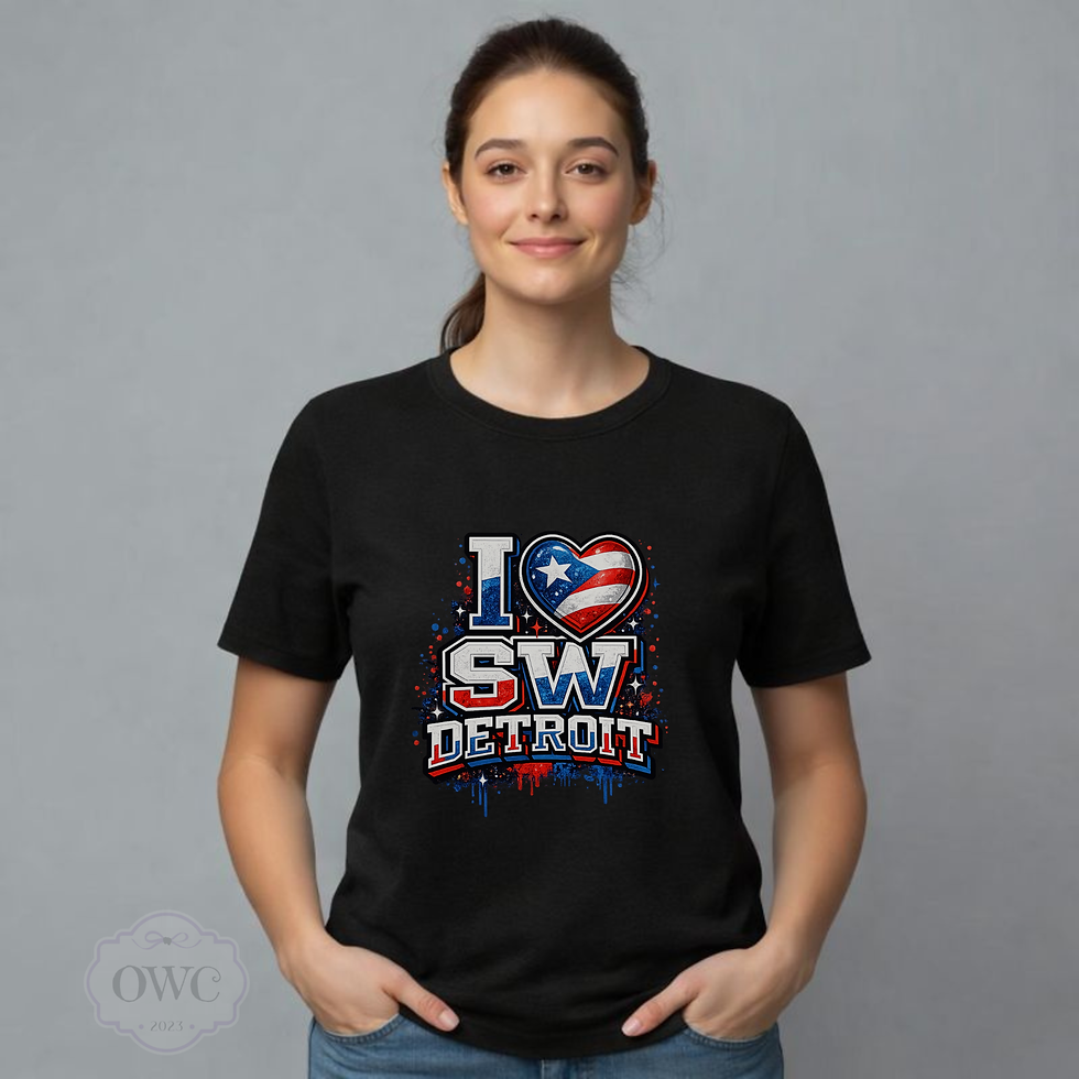 I Love SW Detroit apparel design with Puerto Rican flag inspired heart and Southwest Detroit lettering