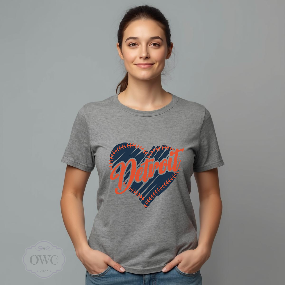 Detroit baseball heart apparel design with Detroit script and baseball stitching
