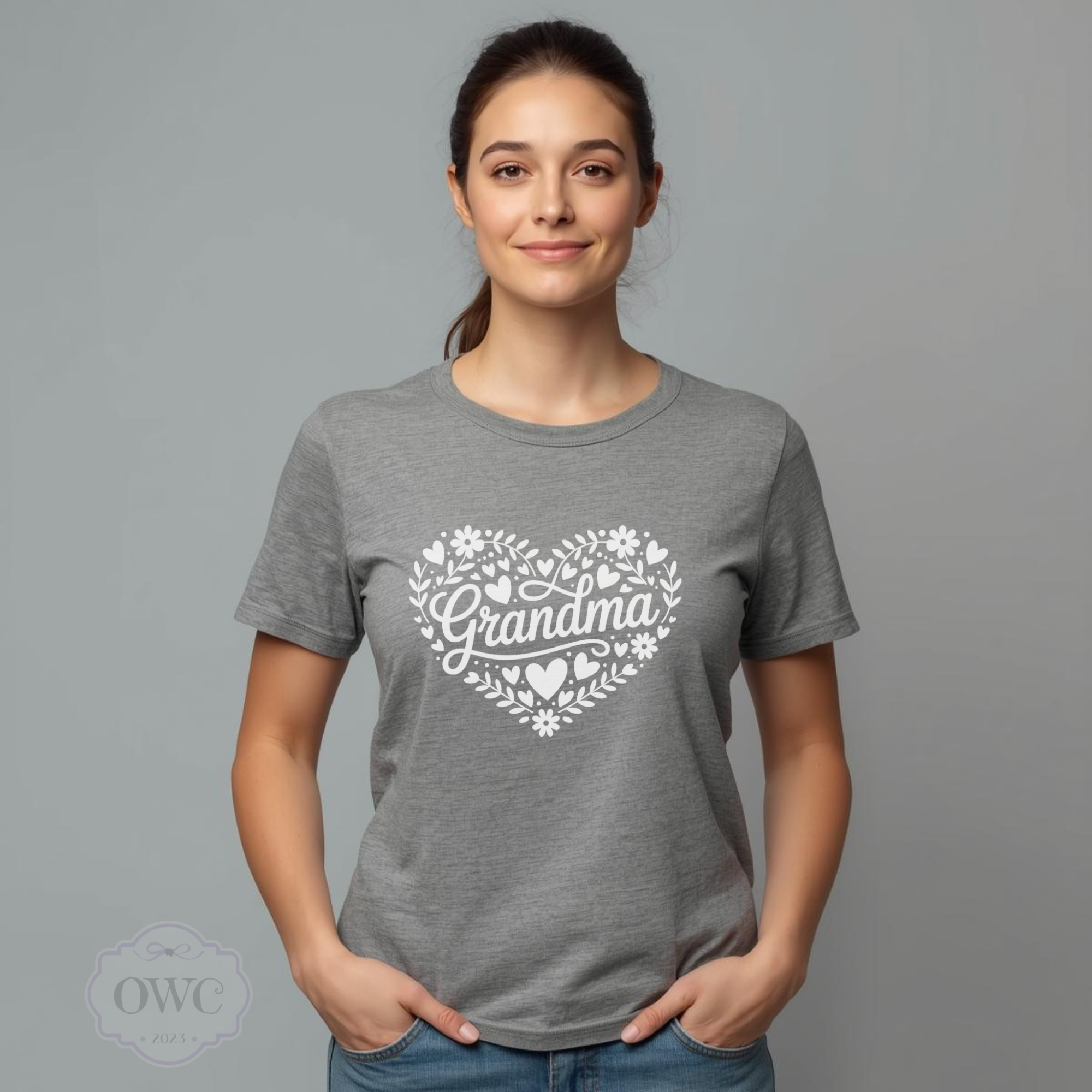 woman wearing grandma heart design shirt