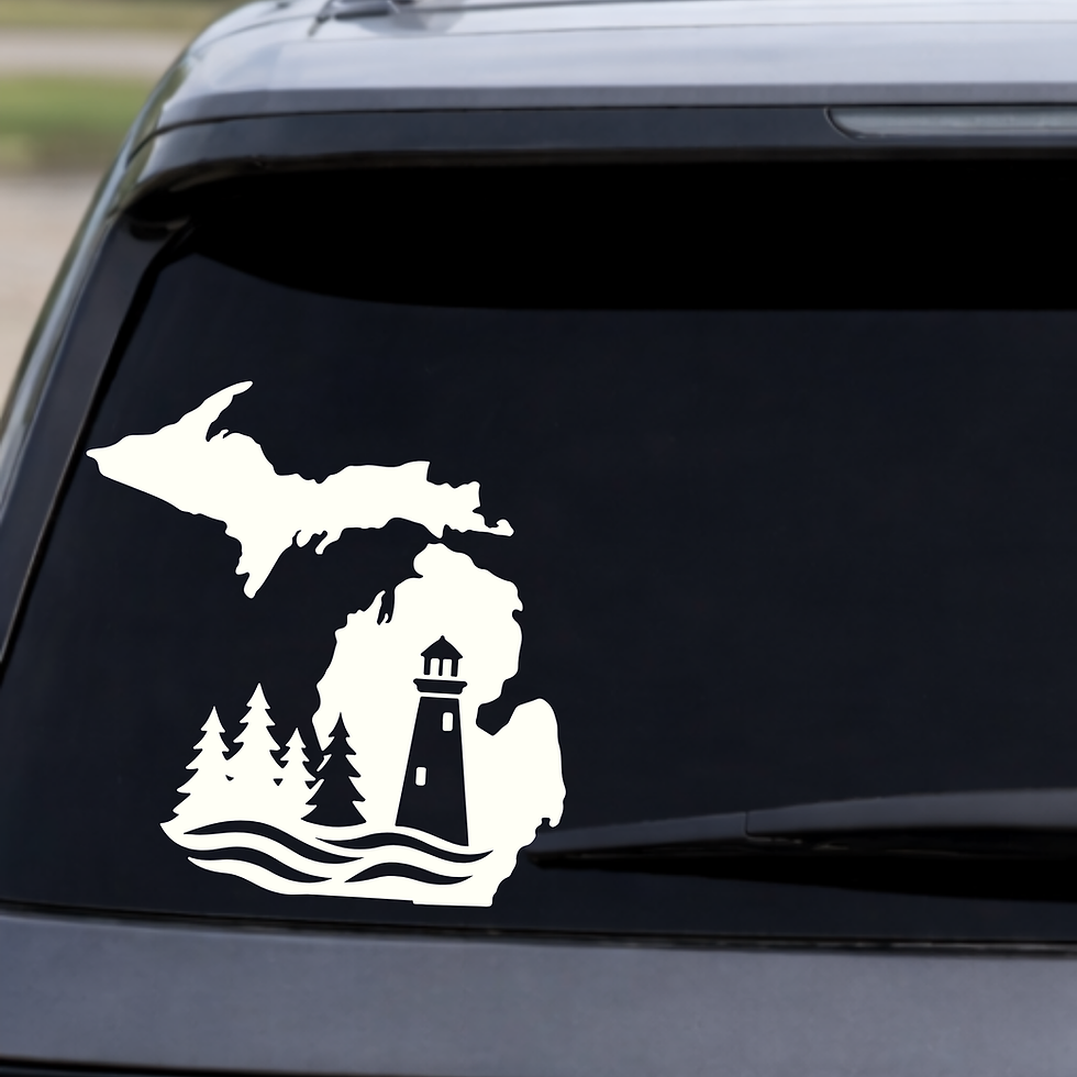 Thumbnail: Michigan lighthouse car decal vinyl sticker with waves and trees