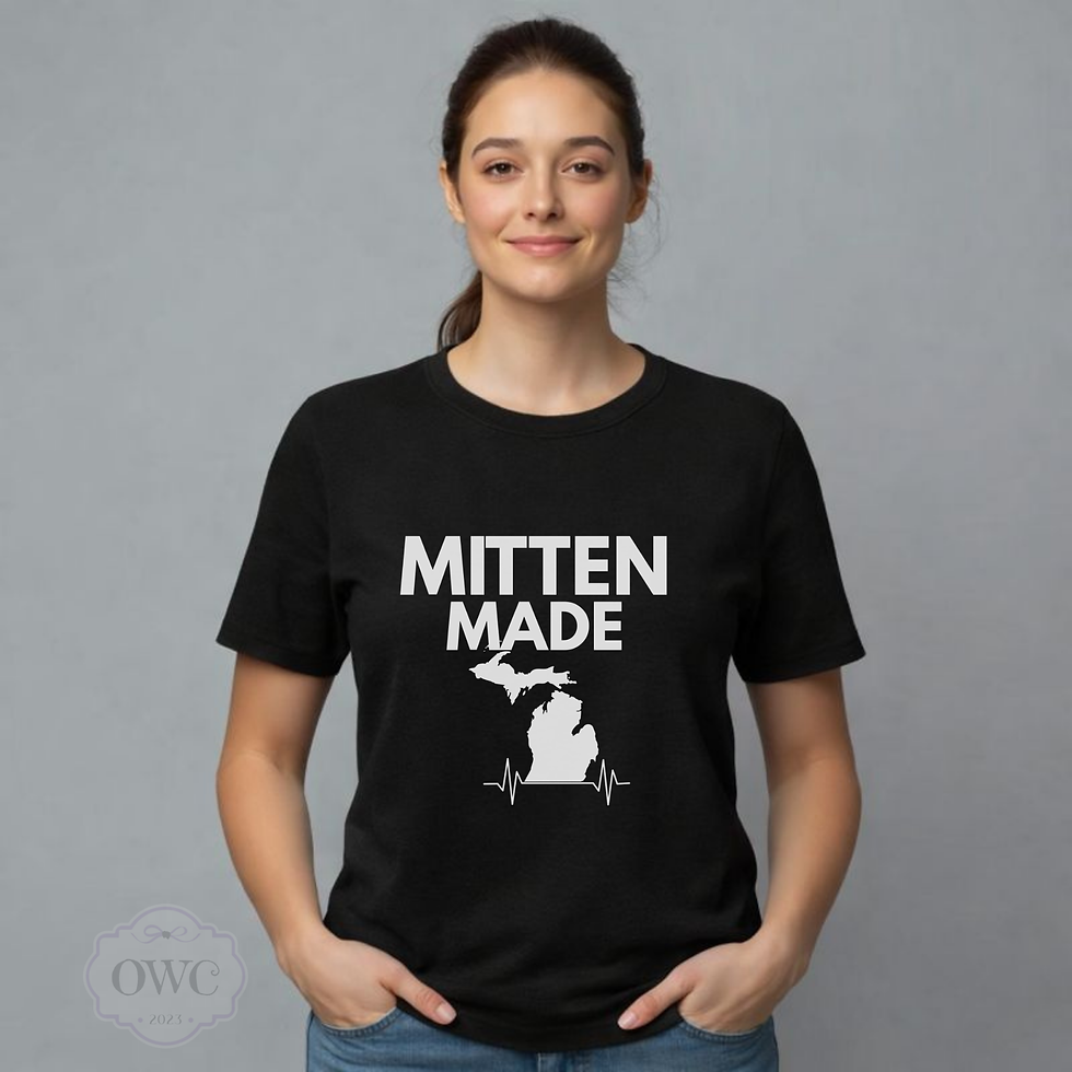 woman wearing black mitten made michigan graphic shirt
