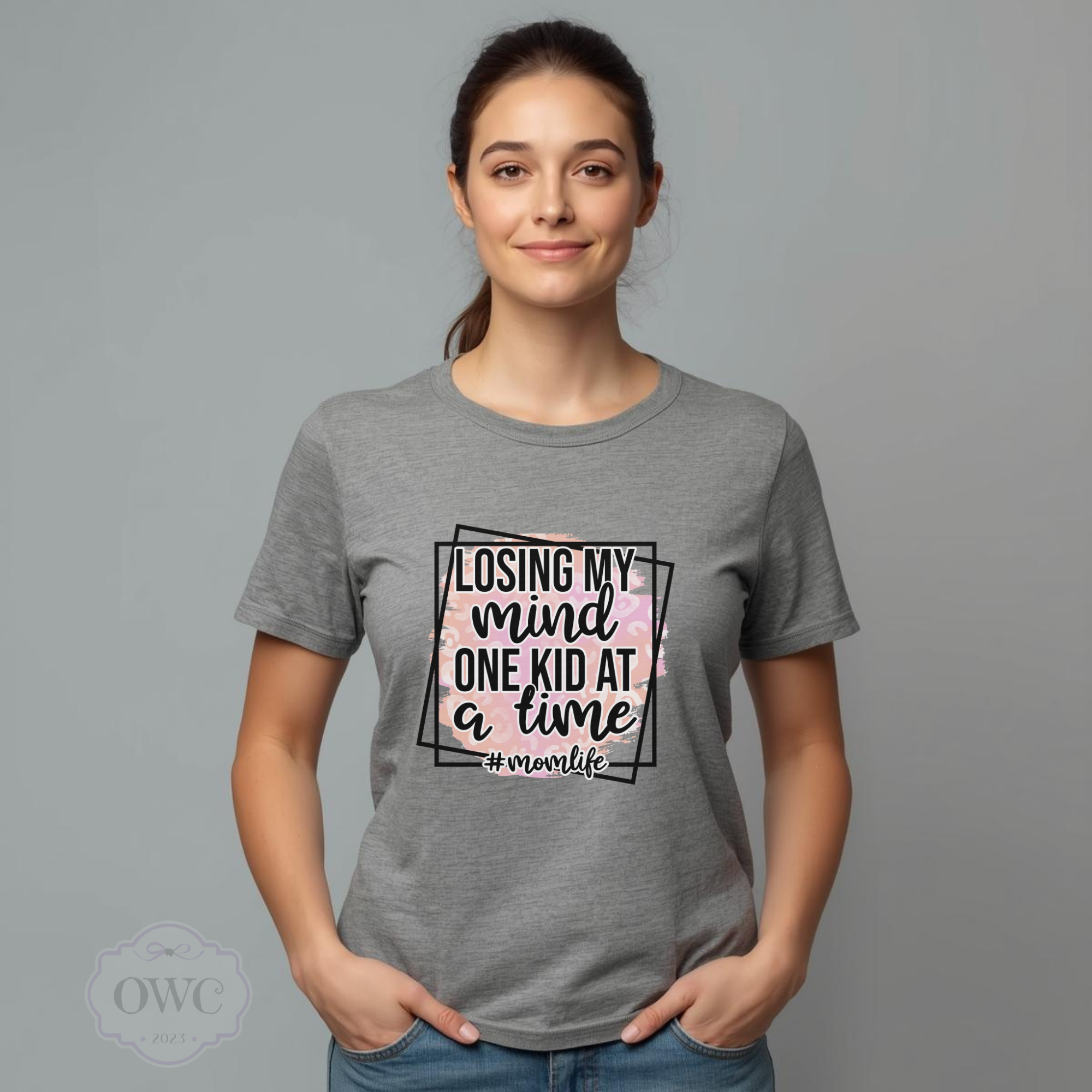 gray funny mom shirt losing my mind one kid at a time graphic