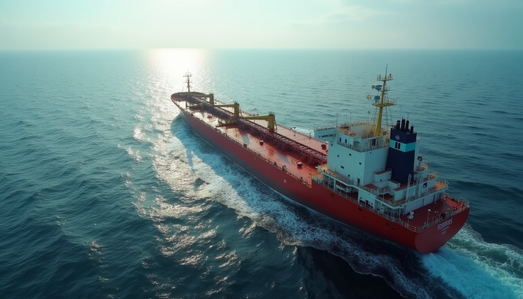 High angle view of cargo ship at sea with satellite communication equipment