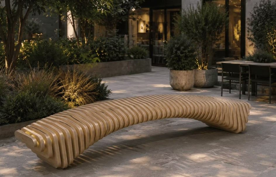 Curved ribbed parametric wood bench with wave-like design on a landscaped modern garden patio