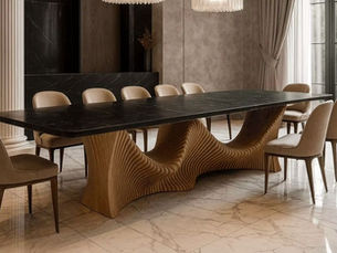 Luxury custom-made dining table with sculptural wooden base and upholstered chairs in an elegant interior.