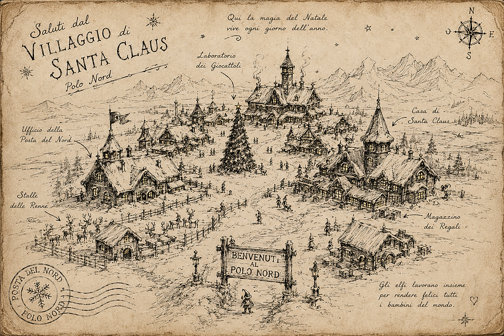 Mappa illustrata in stile vintage del villaggio di Babbo Natale al Polo Nord