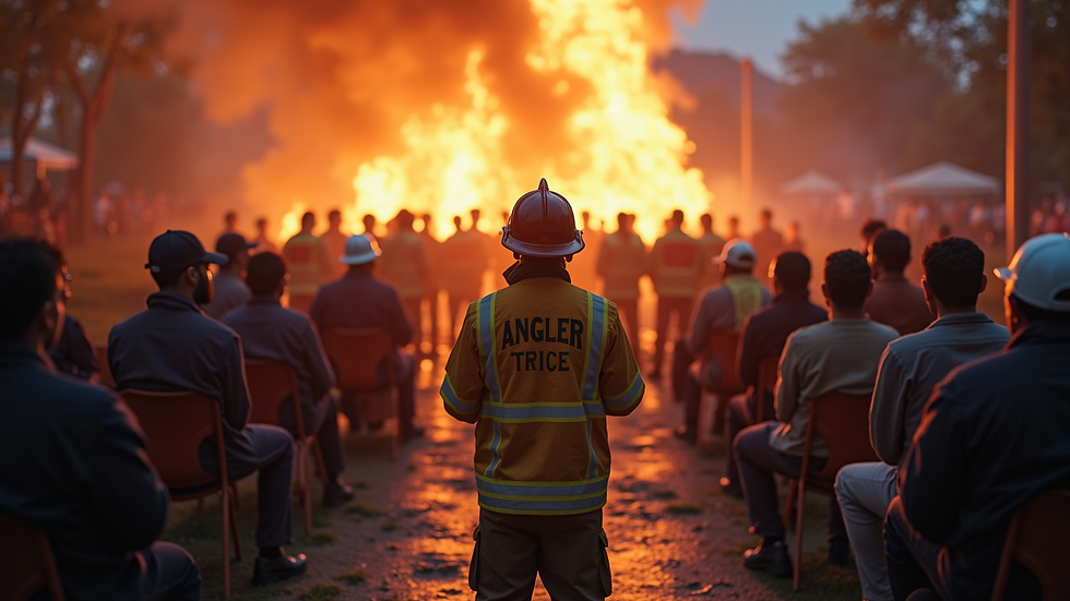 Wide angle view of a community gathering discussing fire safety