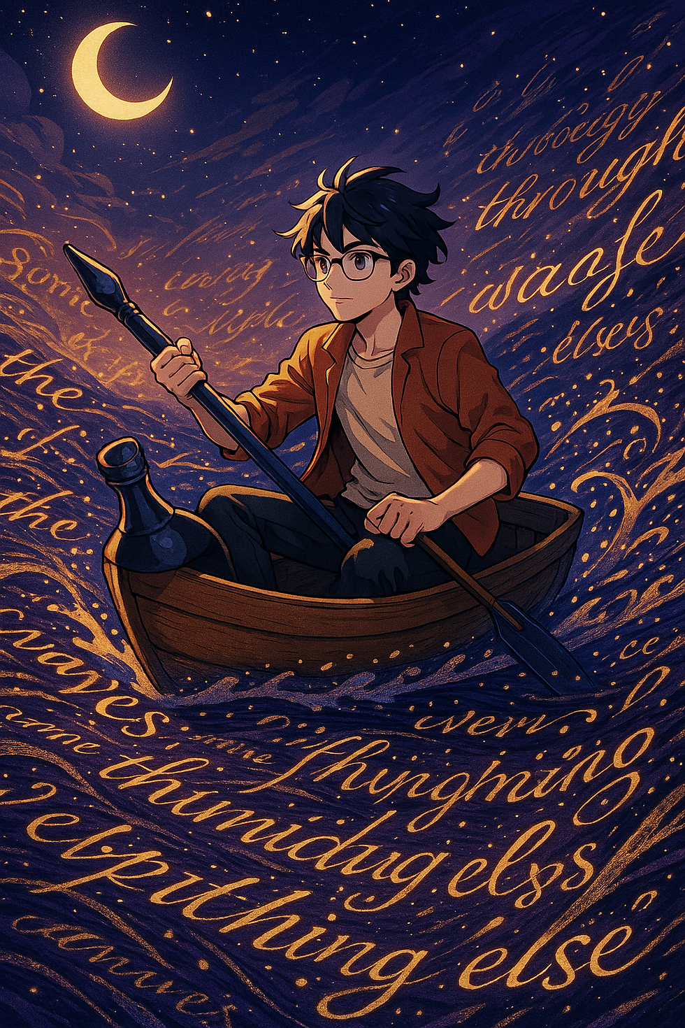 A young person in a wooden boat rows through swirling waves of script under a crescent moonlit sky. The image has a dreamy, magical feel.