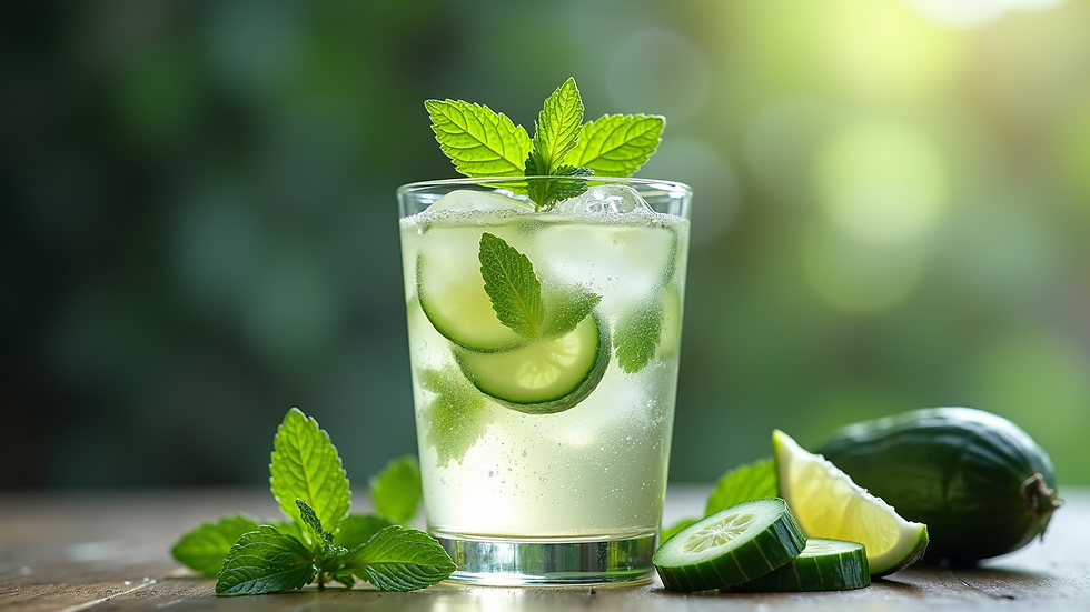 Eye-level view of a glass of cucumber mint drink with ice and mint garnish