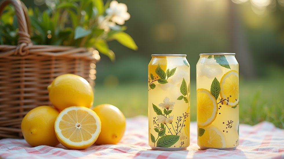 Eye-level view of a picnic setup with floral lemonade cans and fresh lemons