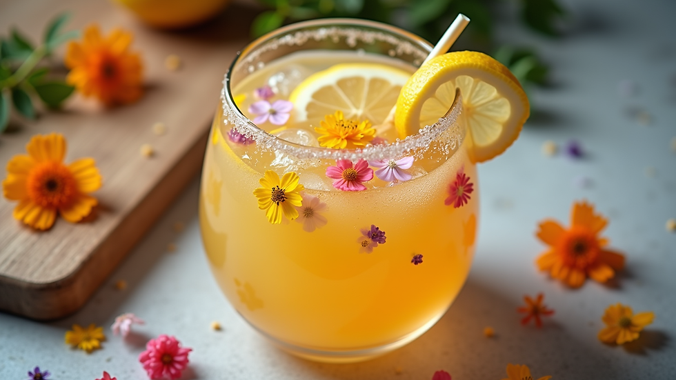 High angle view of a glass filled with floral lemonade garnished with edible flowers
