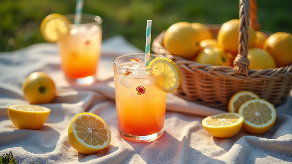 High angle view of a picnic setup with artisanal floral lemonades and fresh fruits