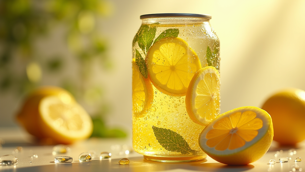 Close-up view of a BPA-free can of floral lemonade with condensation droplets