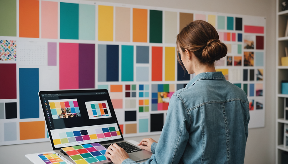 Woman in denim shirt uses laptop to view color swatches. Background has colorful wall of samples. Creative, focused workspace.