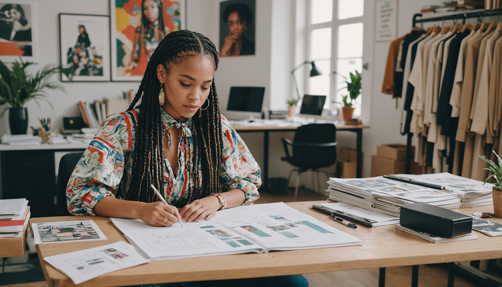 A woman with braided hair works at a wooden desk, sketching designs. Background shows clothing racks, plants, and artistic posters. Cozy studio vibe.