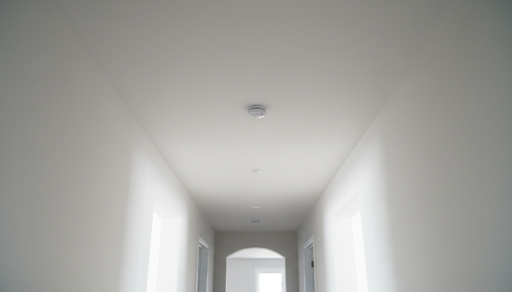 Wide-angle view of a smoke detector mounted on a clean hallway ceiling.