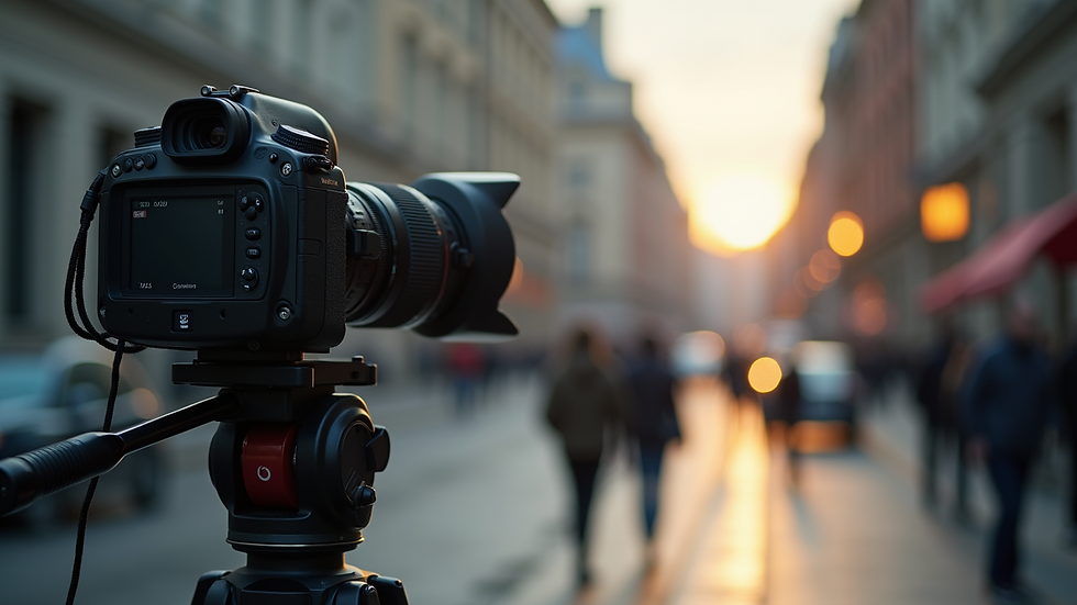 Close-up view of a professional camera setup on a tripod during filming
