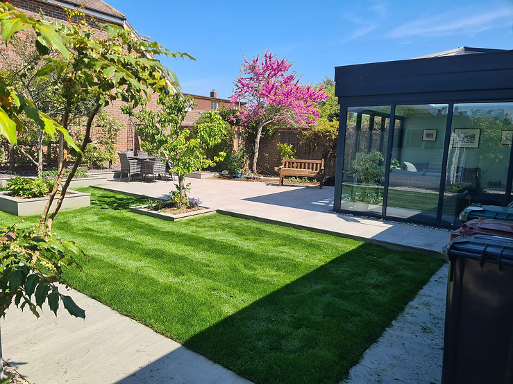 Landscaping and patio being built