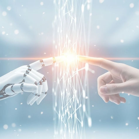 A human hand and a robotic hand reaching out to touch each other amidst a web of digital connections, symbolizing the blending of AI and human care.