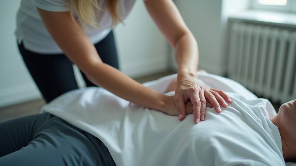 Close-up view of a physical therapist demonstrating stretching techniques to a patient
