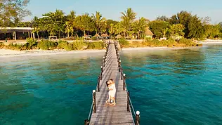 Ponton en bois avançant sur un lagon turquoise bordé de palmiers à Zanzibar