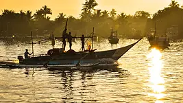 Bateau de pêche au lever du soleil à Mirissa au Sri Lanka