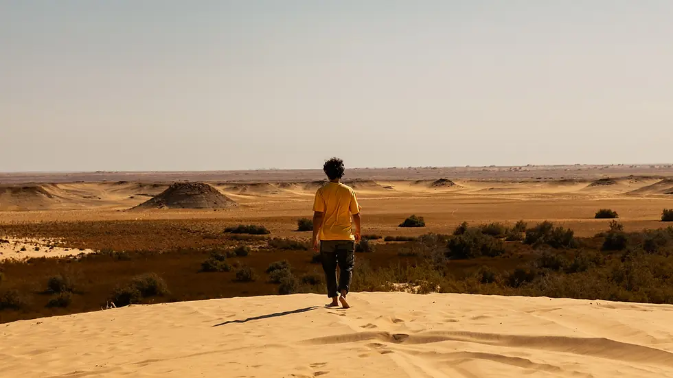 Voyageur dans le Black Desert en Égypte face aux étendues minérales du Western Desert
