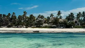 Arrivée au lagon de Jambiani à Zanzibar face à la plage, aux palmiers et aux premières couleurs du rivage.