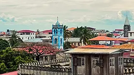Vue sur les toits de Stone Town à Zanzibar avec clocher, minaret et architecture swahilie au cœur de la vieille ville.