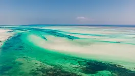 Lagon de Jambiani à Zanzibar vu du ciel avec bancs de sable et nuances turquoise à marée basse