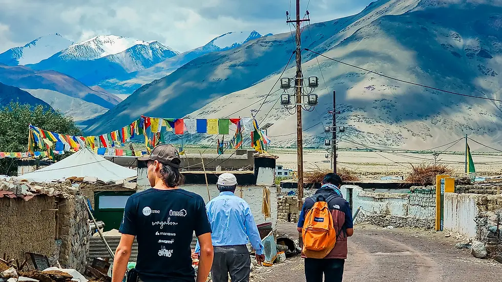 Équipe Wagabon et relais locaux rejoignant un village soutenu au Ladakh