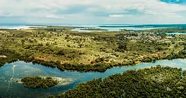 Vue aérienne de Pemba entre mangroves, terres agricoles et chenal sinueux
