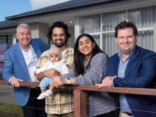 Cameron Yates (left) and Adam Duster (right) join Ashad Shaik, his wife Saima Dinware and baby Aanya