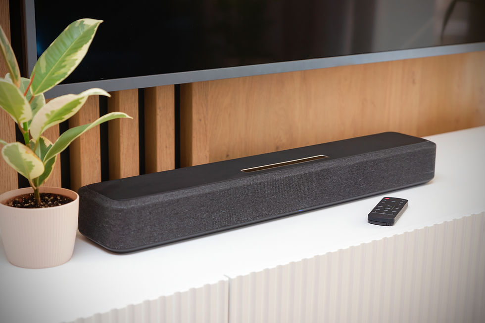 A sound bar below a large television, next to a plant