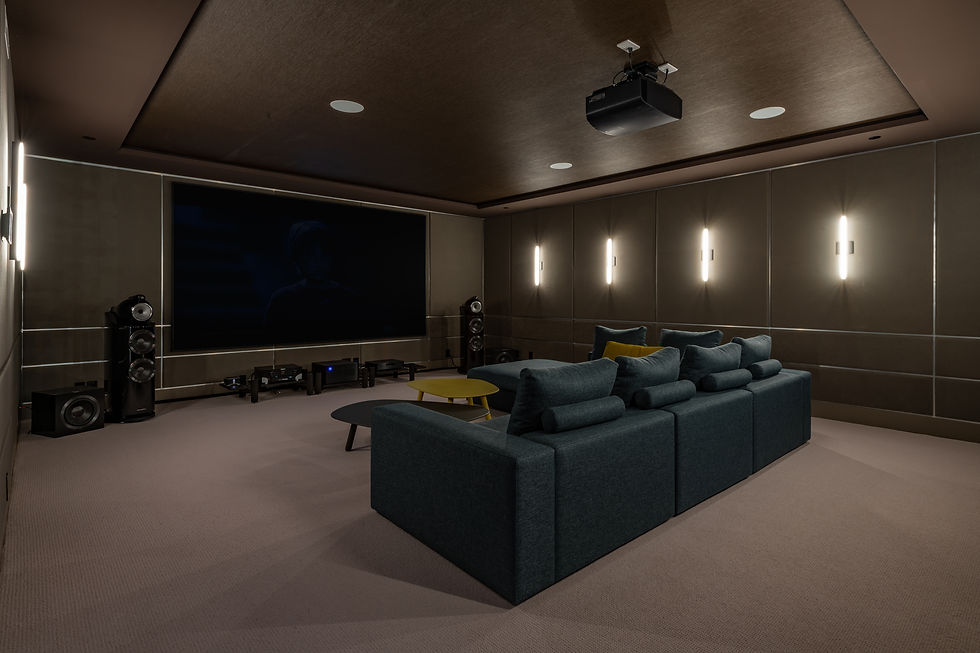 A high-end media room with large television and sofa