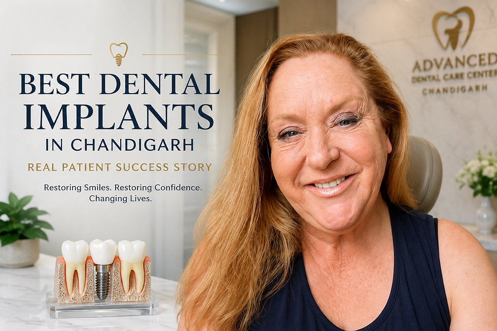Real patient success story showcasing dental implants in Chandigarh, featuring a smiling woman in a modern dental clinic at Advanced Dental Care Center.