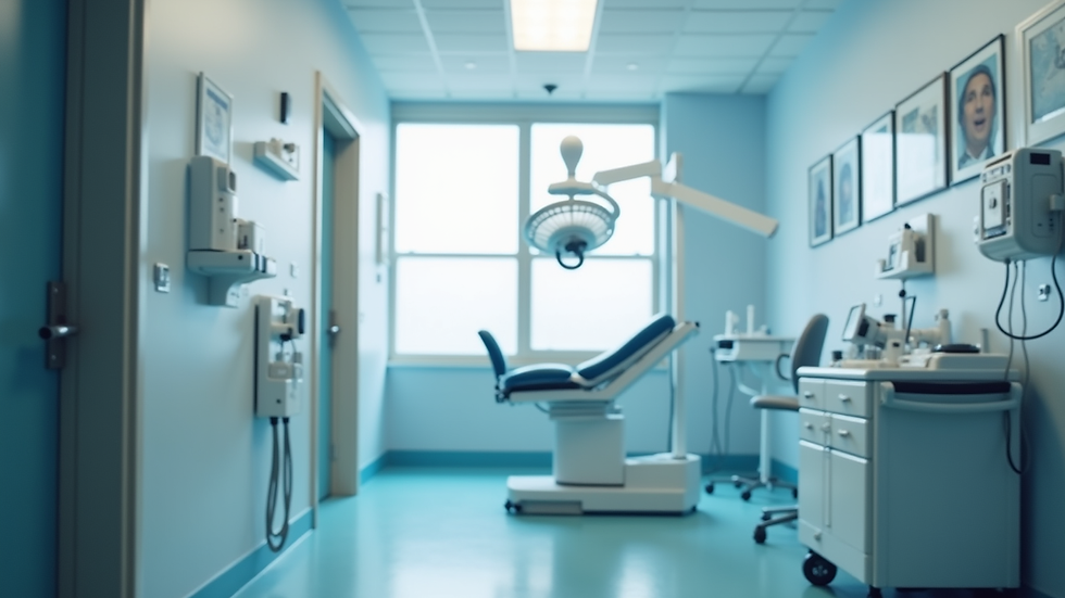 Eye-level view of medical equipment displayed in a clean clinic room