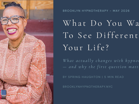 Spring Haughton, certified hypnotherapist at Brooklyn Hypnotherapy, smiling on a Brooklyn stoop