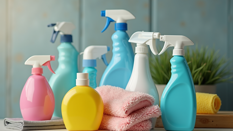 Eye-level view of cleaning supplies organized in a tidy manner