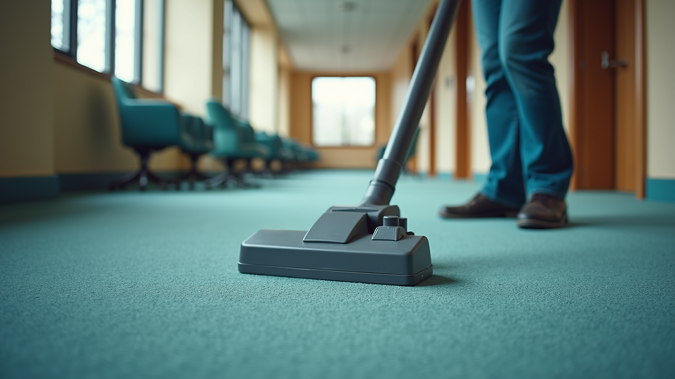 High angle view of a professional cleaner vacuuming an office carpet