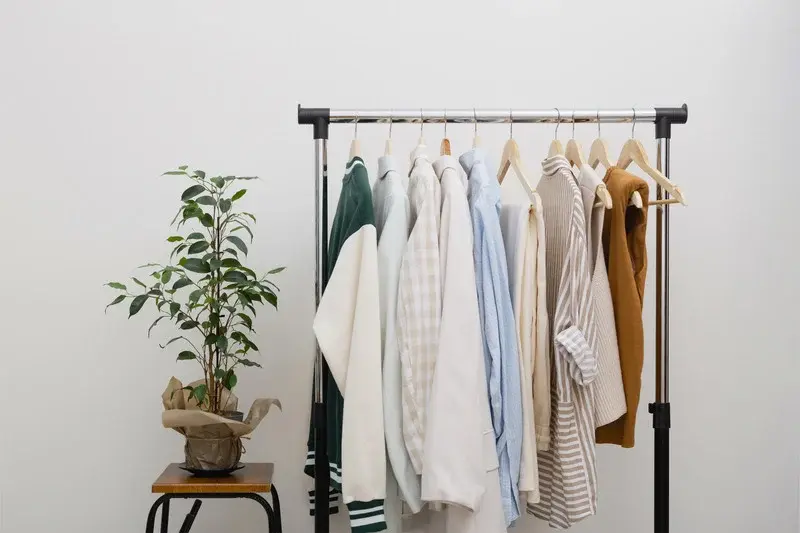 Clothes hang on a rack with shirts in various colors and patterns; a potted plant on a stool beside the rack, set against a white wall.