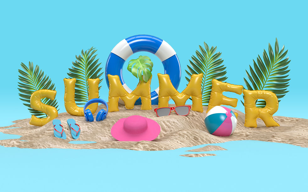Inflatable letters spell "SUMMER" on sand with palm leaves, a blue life ring, flip-flops, a beach ball, and vibrant hats. Bright, sunny mood.